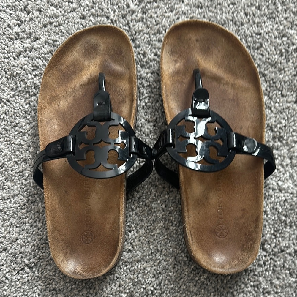 Tory Burch Black Sandals with Shiny Straps and Decorative Buckle